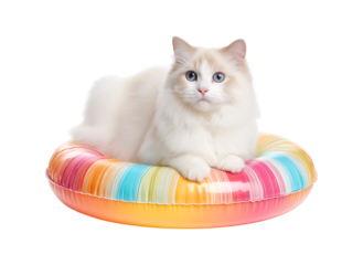 Cute white ragdoll cat sitting on top of a colorful inflatable swim ring isolated against a transparent background