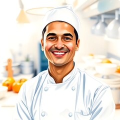 Happy chef in kitchen watercolor style