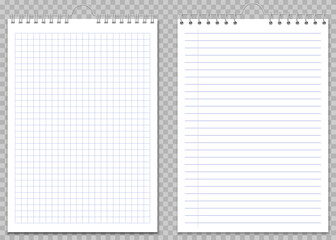 Realistic vector illustration of two clean spiral notebook pages one with blue graph paper and one lined sheet. Isolated on transparent background. Perfect for mockups, presentations, or templates.