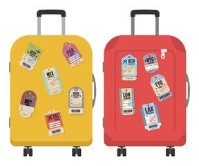 Bright travel suitcases decorated with luggage tags from famous international cities, symbolizing adventure and global tourism. travel luggage vector. Suitcase with city tags. Colorful travel