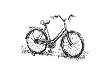 Fototapeta premium Hand-drawn vintage bicycle sketch on grass in black and white. Vector retro hand drawn illustration