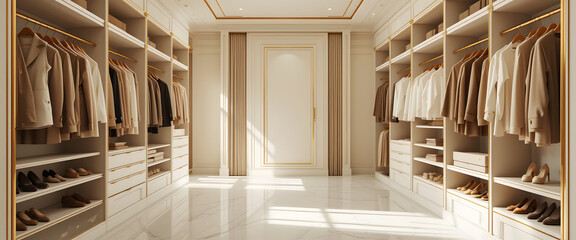 Elegant luxurious modern walk in closet design with clothing and shoes display