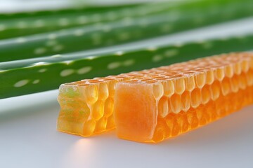 Macro shot of aloe leaves with orange honeycomb on white. Use for healthy lifestyle, natural cosmetics, or organic food content.