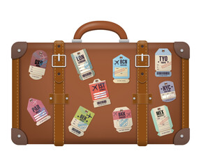 Realistic illustration of a vintage leather suitcase decorated with travel tags from major world cities including Tokyo, New York, Paris, Istanbul, and more. Concept of global exploration and tourism.