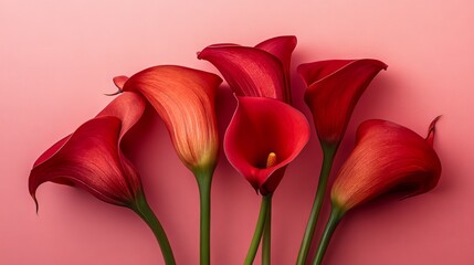 41.An artistic still life of vivid red calla lilies, each flower showcased in stunning detail, set against a smooth pink backdrop with ample negative space.