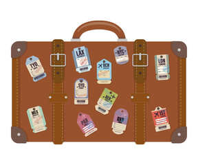 Vintage-style luggage with bright city labels including Tokyo, London, Paris, New York, and more a symbol of global travel and exploration. Perfect for themes of adventure, nostalgia, and tourism.