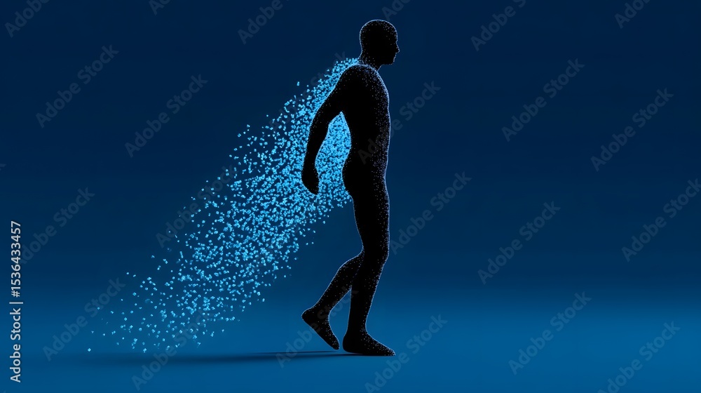 Aufkleber surreal image of a human figure dissolving into a cloud of dispersing digital pixels, symbolizing th
