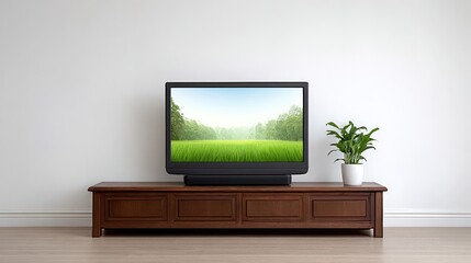 Modern Living Room with Television and Green Landscape Display