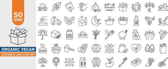 50 Organic Vegan Editable Line Icons