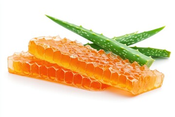 Two honeycomb pieces with fresh aloe vera leaves are on white. It shows natural ingredients for skincare or healthy food concepts.