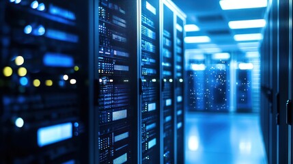 A server room with multiple servers and a hallway in the background.