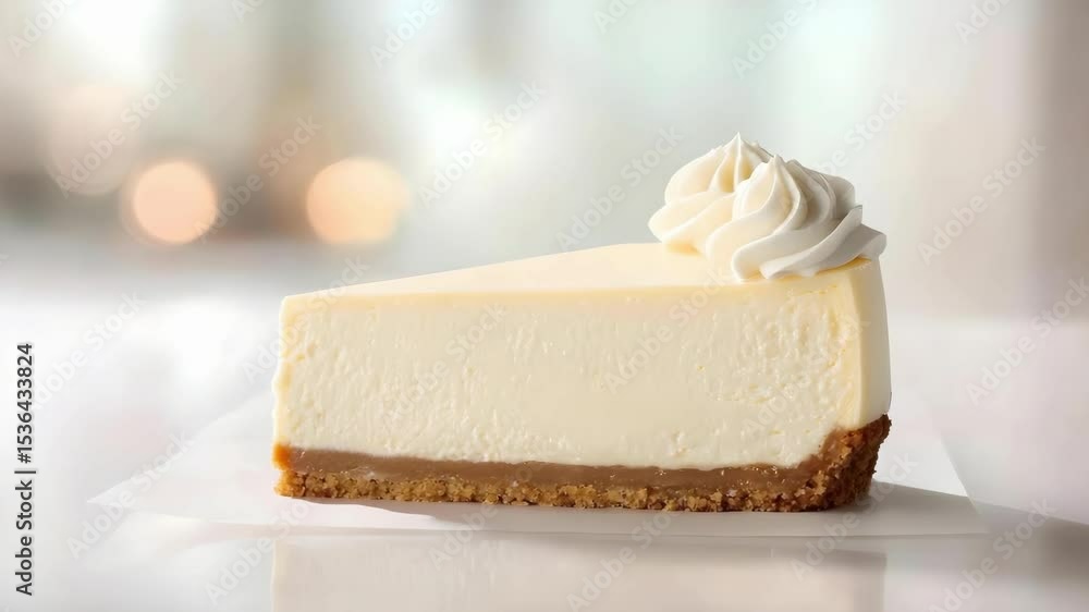 Poster a slice of creamy cheesecake topped with a swirl of whipped cream on a graham cracker crust.