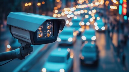 A traffic camera monitoring a busy city street at night, with illuminated lights and blurred cars in the background.