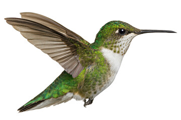 A small, iridescent green hummingbird is pictured hovering with rapidly beating wings, isolated on a pure transparent background for nature