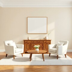 Modern living room with wooden cabinet and armchairs