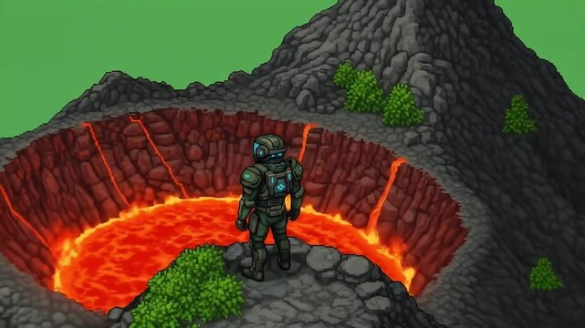 Pixel Art Volcano Diorama green screen focusing on lava pool and nearby observer