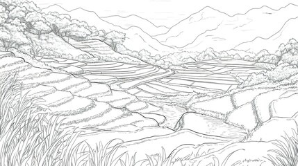 Obraz premium Landscape sketch of terraced rice paddies
