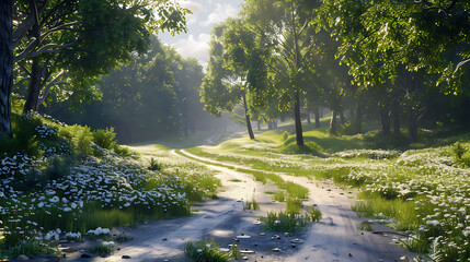 Fototapeta premium Serene Sunlit Forest Paths: Morning Light Filtering Through Lush Canopies
