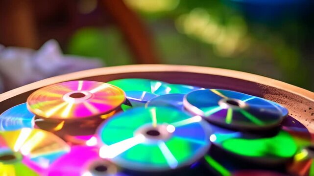 Pile of iridescent compact discs in a brown earthenware bowl outdoors in natural lighting, abstract colorful background.