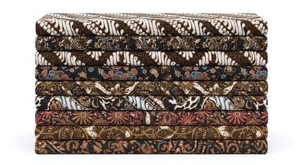 Stack of Indonesian batik fabrics with different patterns, isolated on white background. Generative AI