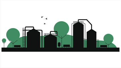(Water Treatment Plants)Vector Silhouetted industrial complex nestled amidst greenery