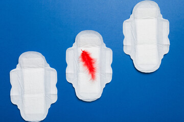 Women hygiene products or Sanitary pad with red feather on colored background. Pastel color....