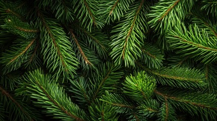 An elegant close-up of lush green pine tree branches, emphasizing their texture and vibrant color, evoking a feeling of tranquility and connection to nature.