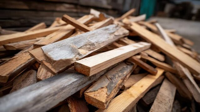 Pile of rough wooden planks, timber, and boards with rustic texture, ideal for construction, carpentry, renovation, or recycling outdoor stack of reclaimed wood, lumber, and building materials