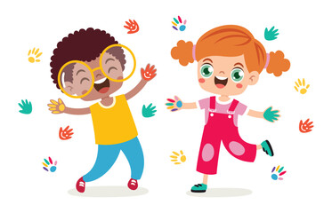 Children Having Fun With Painted Hands