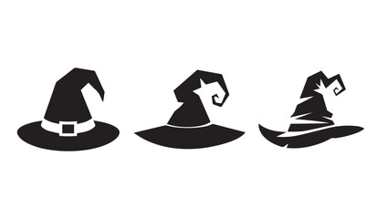 Three black witch hats with pointed tops and brims arranged on a white background in a simple illustration