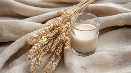 Glass of light beige drink with dried wheat stalks on a beige linen fabric.