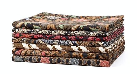Stack of Indonesian batik fabrics with different patterns, isolated on white background. Generative AI