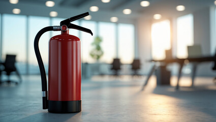 fire extinguisher in the foreground of a contemporary open-plan office. The extinguisher as a symbol of proactive workplace safety measures.