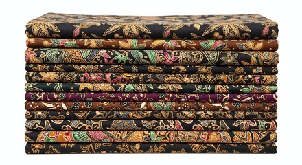 Stack of Indonesian batik fabrics with different patterns, isolated on white background. Generative AI