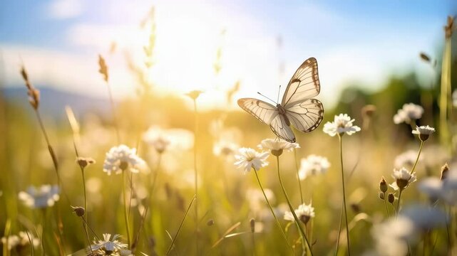 Delicate butterfly flitting above the white wildflowers bathed in warm sunlight on a bright, vibrant spring day in the meadow.