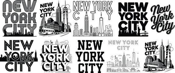New York City, USA, America’s Best, design should feature strong, modern typography with the words NEW YORK CITY large and dominant, a vector illustration of T-shirt designs set of icons