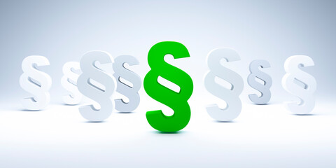 Group of white and green paragraph symbols or signs on white background - 3D illustration