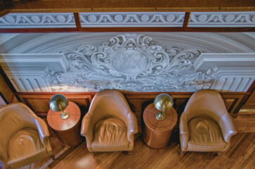 Opulent Art Deco interior architecture inside lobby, atrium or foyer on modern ocean liner style...