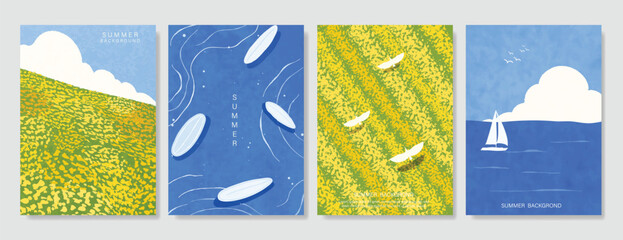 Abstract Green Summer landscape background vector set. Nature wallpaper of green field on mountain, yellow flowers, blue sky, rice, sea, boat. Watercolor illustration for cover, wall art, decoration.
