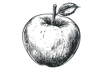 Hand-drawn sketch of a detailed apple with leaf. Vector retro hand drawn illustration