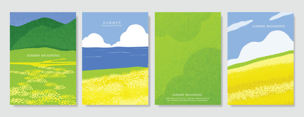Abstract Green Summer landscape background vector set. Nature wallpaper of green field on mountain, yellow flowers, blue sky, rice, river. Watercolor illustration for cover, wall art, decoration.