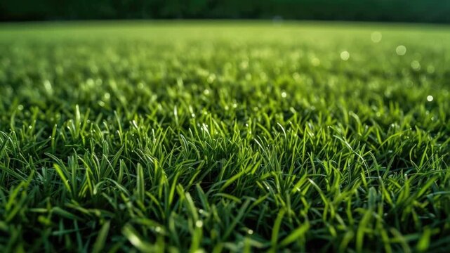 Enjoy a peaceful moment with a close-up view of vibrant green grass, glistening with dew drops in a serene outdoor environment, perfect for nature lovers seeking calmness