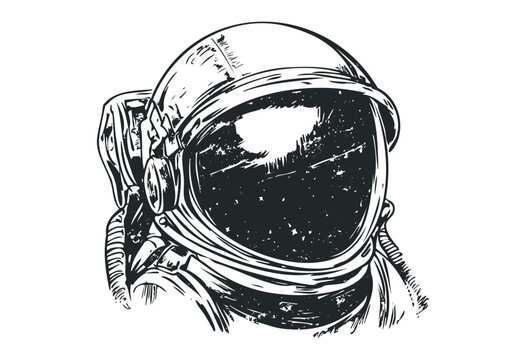 Monochrome sketch of an astronaut helmet with reflections. Vector retro hand drawn illustration