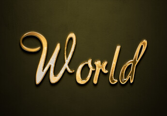 Old gold text effect of word World with 3D glossy style Mockup.