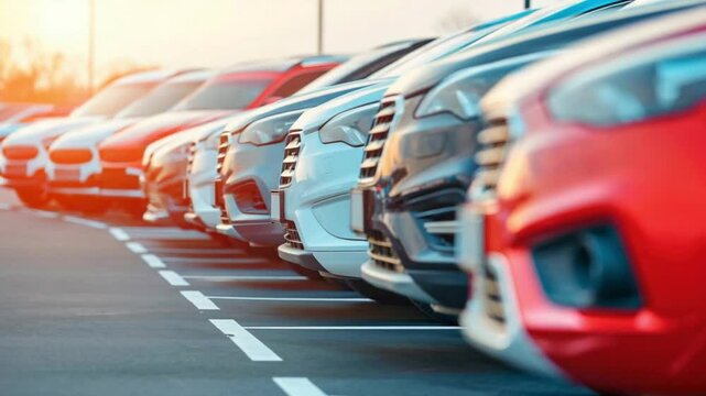 Multiple vehicles are parked in a lot as the sun sets, casting a warm glow over the scene. The array of colors and designs highlights the diversity of modern automobiles