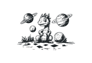 Cartoon dinosaur with planets and spaceship in space adventure illustration. Vector retro hand drawn illustration
