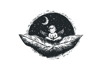 Obraz premium Dreamy caucasian child meditates on leaf under starry night sky with crescent moon. Vector retro hand drawn illustration