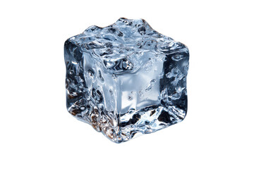 Obraz premium Solid square clear ice cube with a textured frozen surface isolated on a transparent background for cocktail menu design or refreshment branding.