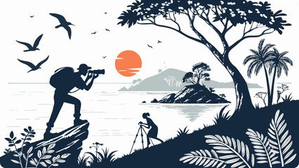 Two photographers capture a stunning sunset over a tropical island landscape