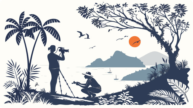 Two photographers capture a scenic coastal sunset view with tropical palm trees and islands - Powered by Adobe